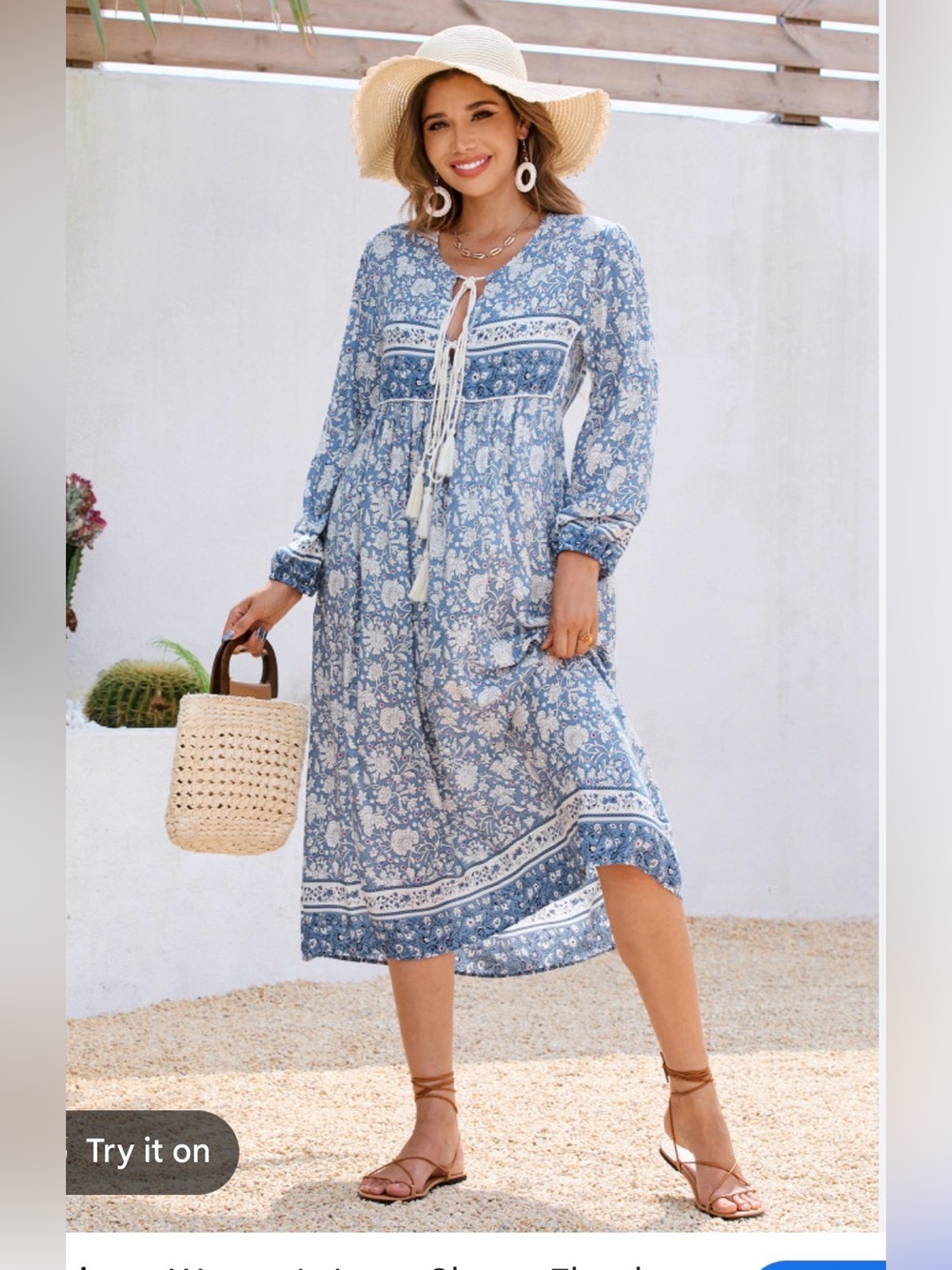 R. Vivimos Bohemian Blue Floral Tassel Midi Dress | Size Small